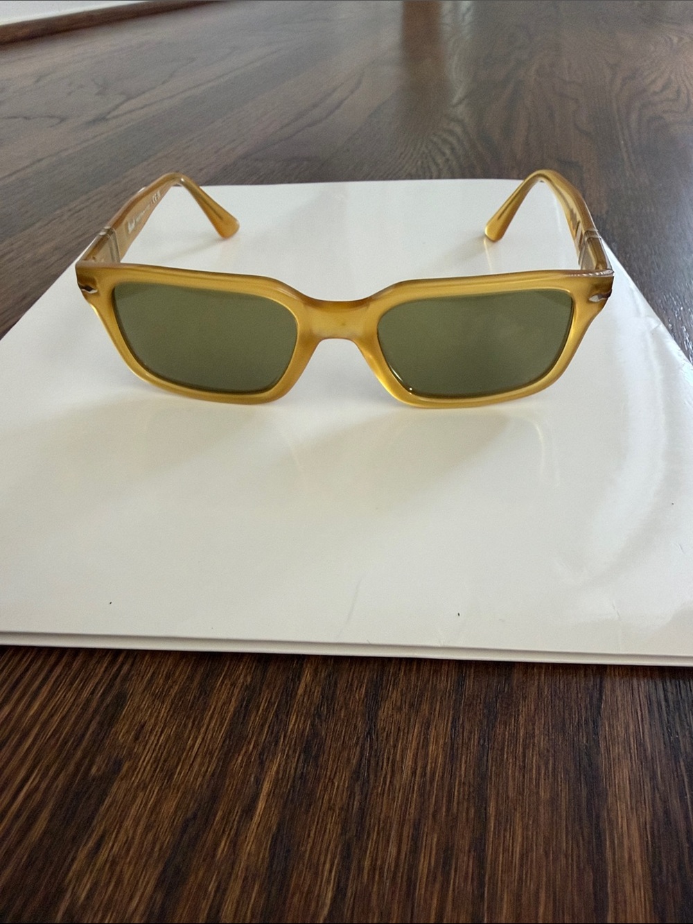 Persol Honey Frame Uni-Sex Rectangular Sunglasses with Green Lenses